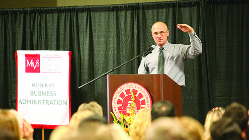Andy Puzder, CEO of Carl's Jr. parent company CKE Restaurants spoke at CSU Channel Islands on Sept. 9. The fast-food executive confirmed that the company is contemplating moving its headquarters from Carpinteria to Texas, but said nothing will happen before 2015. (photo courtesy of CSUCI).