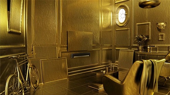 A still from one of Sonos' new TV spots, in which a home is lacquered in gold as one of its speakers streams Isaac Hayes' theme from “Shaft.”