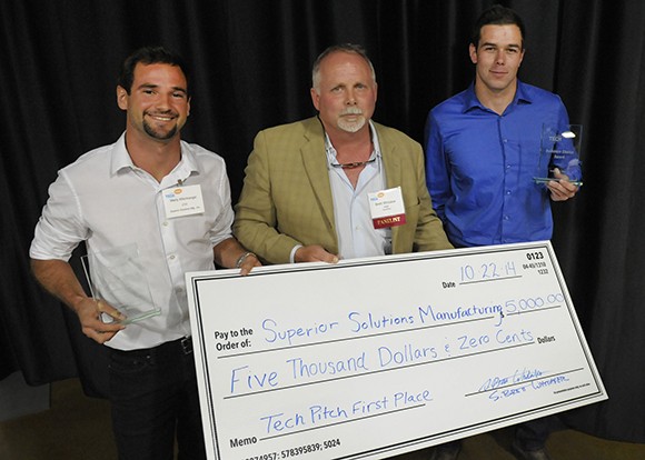Superior Soluitions Manufacturing founders Marty Affentranger (left) and Justin Russo (right), received TechPitch’s $5,000 grand prize and the audience choice award. (Courtesy photo)