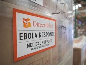 A box of Ebola response supplies ready for shipment at Direct Relief’s Goleta headquarters. (Nik Blaskovich / Business Times photo)