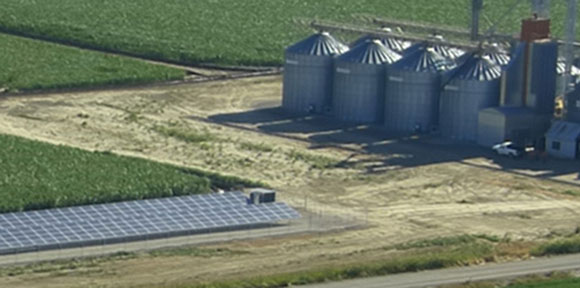 The Drumheller Rice Dryers farming operation powered by Solar3D in Butte City, California. (Photo courtesy of Solar3D)