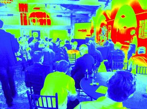 A thermal image of a group of entrepreneurs at the MIT Entrepreneurial Forum on June 17 at the Cabrillo Pavilion Arts Center in Santa Barbara.