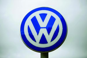 The VW logo stands outside the Volkswagen AG headquarters in Wolfsburg, Germany.