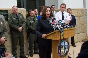 California Attorney General Kamala Harris discusses the Plains All American Pipeline indictment outside of the Santa Barbara County District Attorney's office on May 17. (Alex Kacik)