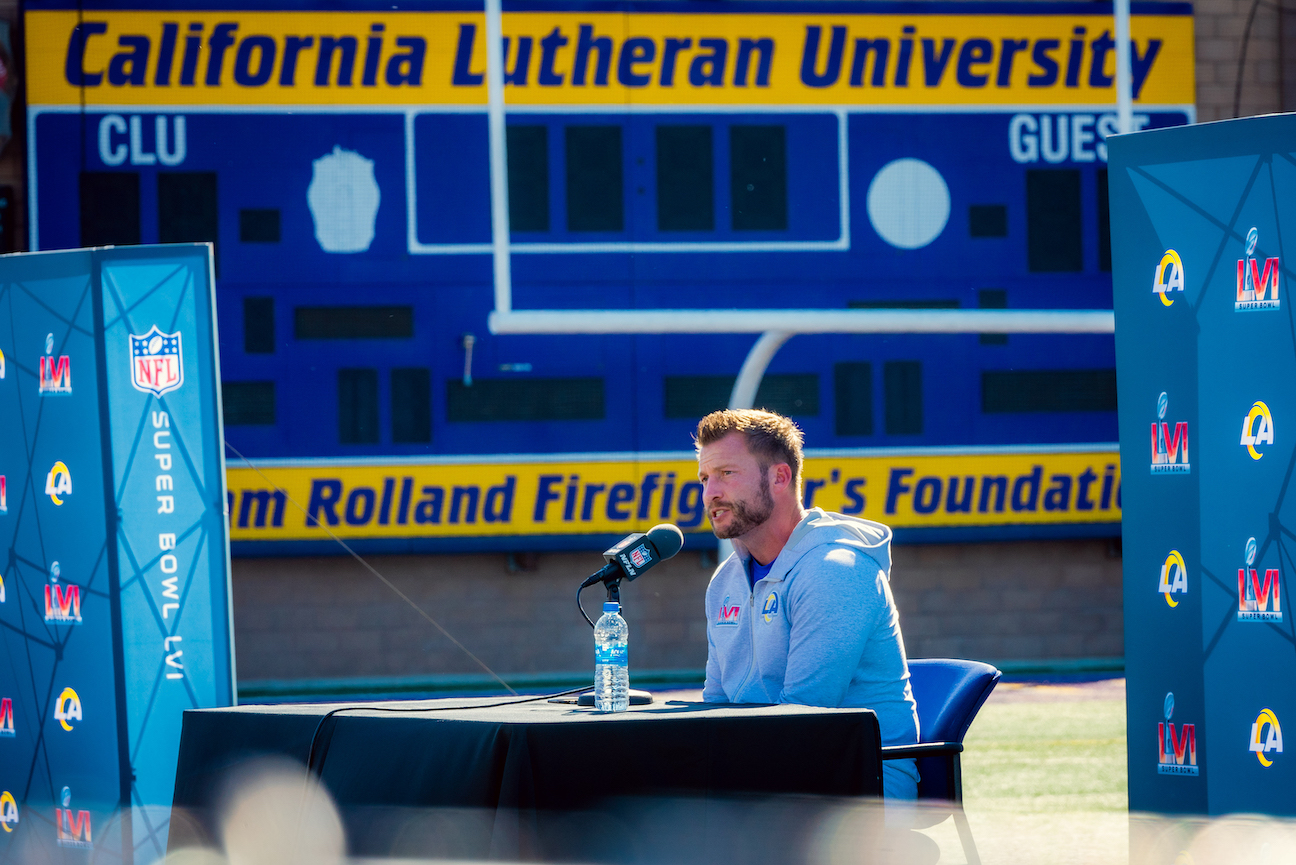 Los Angeles Rams coach Sean McVay addresses the media at California Lutheran University on Feb. 11, two days before his team won the Super Bowl. (courtesy photo)